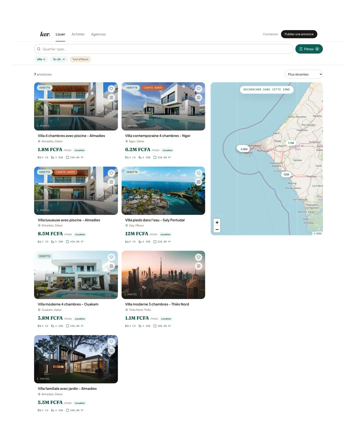 Capture de la recherche d'annonces ker.sn filtrée villa 3 chambres et plus, avec carte